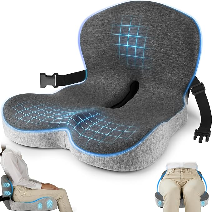 Truck Seat Cushion, Memory Foam Trucker Seat Cushion for Truck Driver Long Sitting with Adjustable Strap, Back Support and Pain Relief for Trucker Driving Car Office Chair and Pain