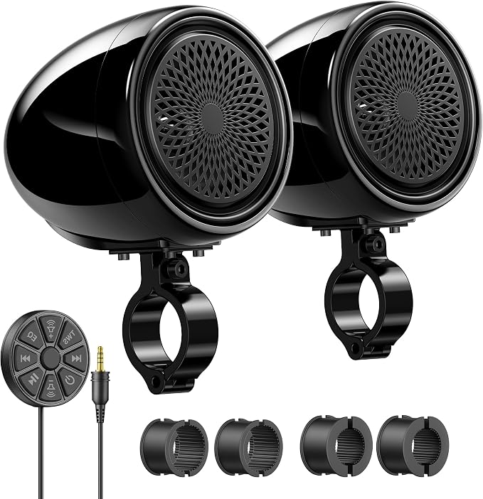 600W Motorcycle Speakers Bluetooth, 4'' Waterproof Stereo with Built-in Class-D Amplifier, Heavy Bass, USB, Wired Remote, 0.75-1.25" Universal Mount for Harley ATV UTV Golf Cart - Black