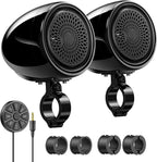 600W Motorcycle Speakers Bluetooth, 4'' Waterproof Stereo with Built-in Class-D Amplifier, Heavy Bass, USB, Wired Remote, 0.75-1.25" Universal Mount for Harley ATV UTV Golf Cart - Black