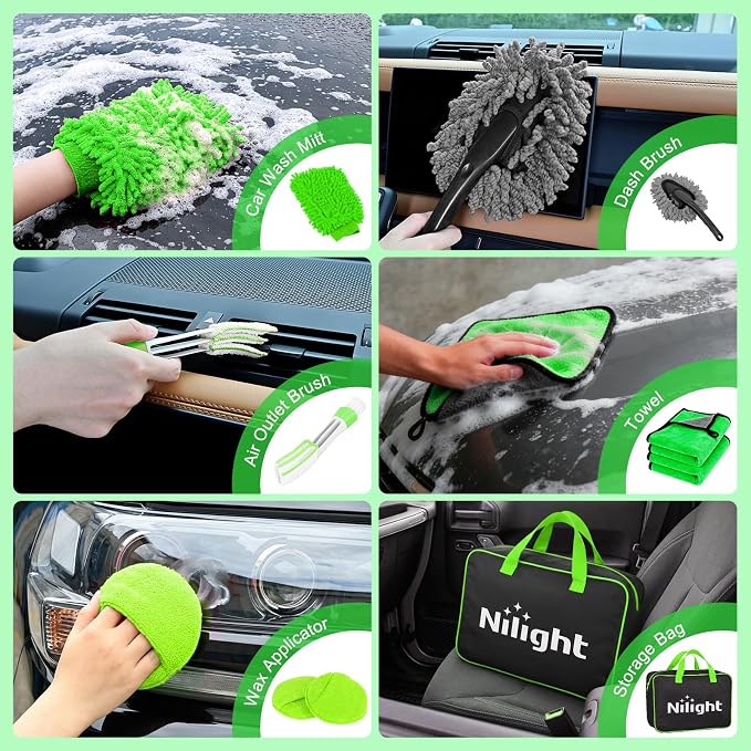 27PCS Car Detailing Kit Auto Cleaning Tools Wash Set with Storage Carry Bag Home Use for Interior Exterior Deep Clean Polish Car Care Windshield Dashboard Seat Air Vents Wheels Tires, Green