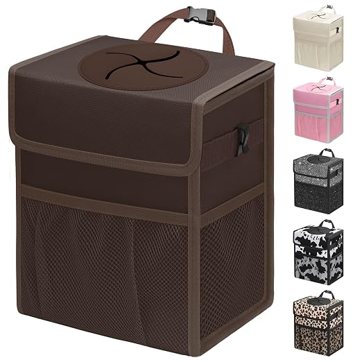 Car Trash Can with Lid, Leakproof Car Trash Bag Hanging Waterproof Automotive Garbage Can with Storage Pockets Mini Vehicle Trash Bin for Back/Front Seat(Brown,3 Gallon)