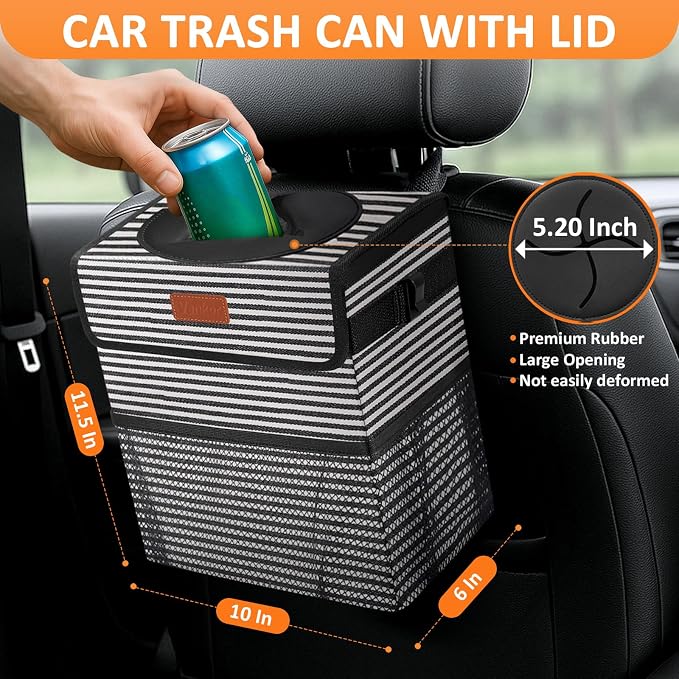 3 Gallons Car Trash Can with Lid, Car Trash Bag Bin Hanging Waterproof Automotive Garbage Cans Leak Proof Vehicle Trash Can Stripe