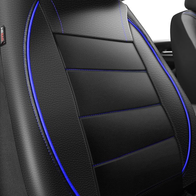 Universal FIT Piping Leather Two Front Seat Covers, Waterproof Faux Leather for SUV Sedan Van Truck, Airbag Compatible,Reserved Opening Holes for Headrest Covers. (Black and Blue)