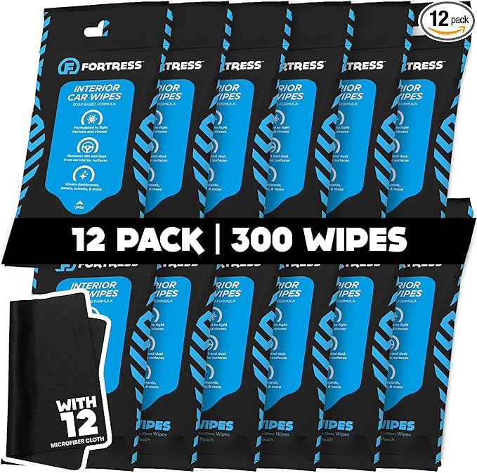 Car Interior Wipes with Microfiber Cloth (25 ct, Pack of 12) for Car Interior Cleaning, Dashboard, Seats, Detailing, and Steering Wheel [Travel Size] Skin-Safe Car Interior Cleaner Supplies
