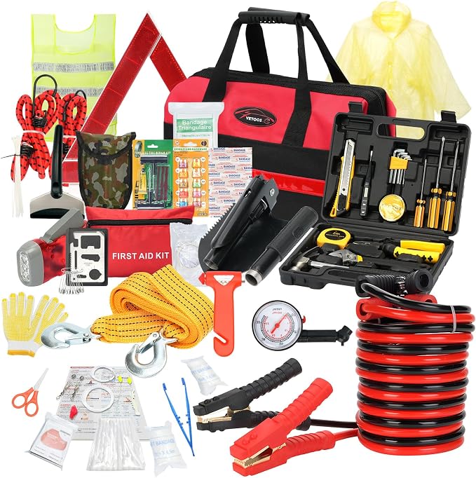 Car Roadside Emergency Kit with Jumper Cables, Auto Road Side Safety Kit for Vehicles - with Premium Carry Bag, Repair Tool Set, for Men, Women, Teenagers
