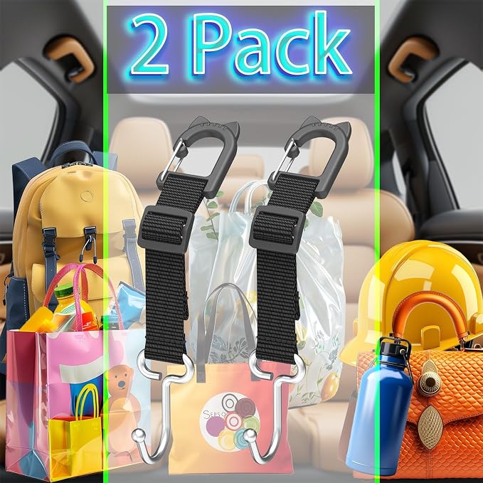 Purse Hook for Car, Adjustable Headrest Hooks, 2 Pack | 100 LBS Heavy Duty, Metal Construction, Includes Carabiner, Easy Install
