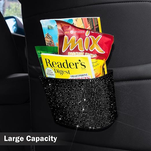 Car Trash Can, Hanging Trash Bin, Leakproof Garbage Organizer, Bling Vehicle Waste Basket, Mini Dustbin Container with Clip for Car, Office, Kitchen, Bedroom, Home and More, Black, Small