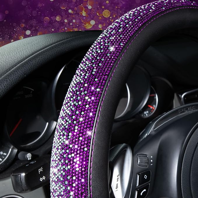 Bling Diamond Leather Steering Wheel Cover, Bling Sparkly Crystal Glitter Rhinestones Universal Fit 14" 1/2-15" Car Wheel Protector for Women Girl Fit Suvs,Vans,Sedans,Trucks, Purple Silver