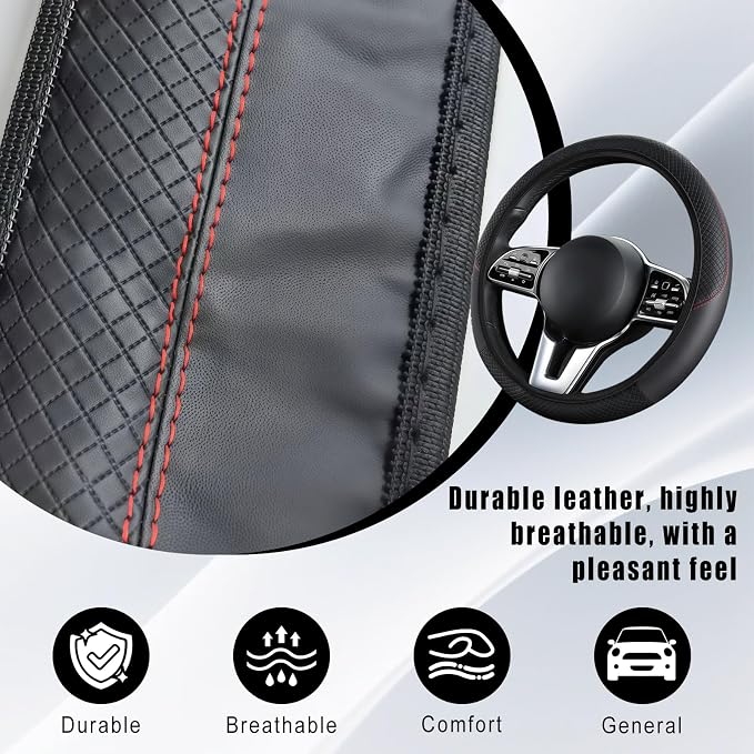 Leather Car Steering Wheel Cover, 15 Inch Anti-Slip Carbon Fiber Black Steering Wheel Cover, Universal Car Interior Accessories for Trucks Sedans SUVs (Black)