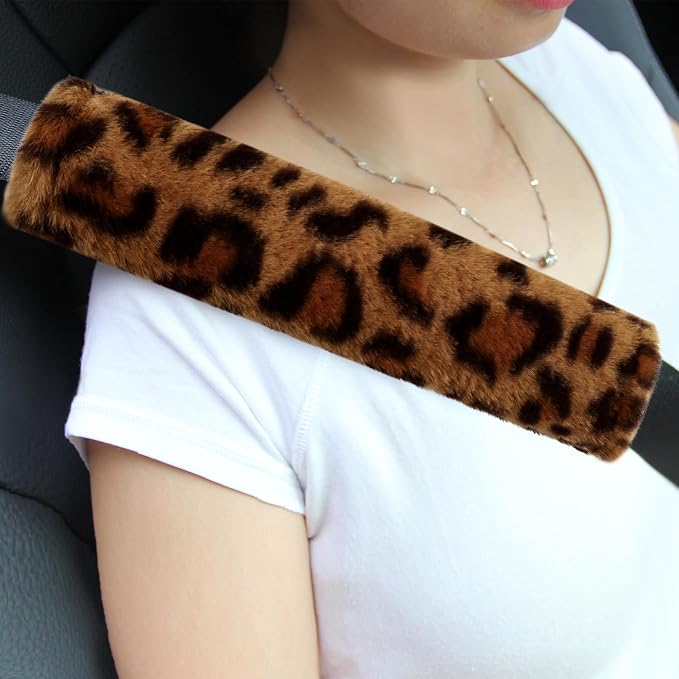 Soft Faux Fur Universal Fit Seatbelt Cover Car Truck SUV Airplane Seat Belt Shoulder Pad for Carmera Backpack Straps Neck Cushion Protector 2 Pack 10.5in Brown Leopard