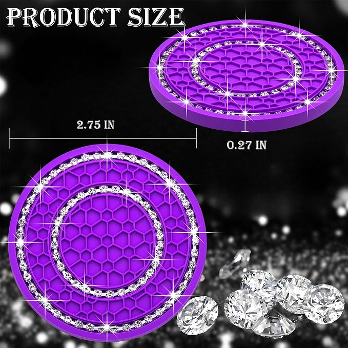 2PCS Bling Crystal Rhinestone Cup Holder Coaster, 2.75 inch Soft Silicone Anti-Slip Shockproof, Car Cup Holder Insert Coasters, Universal Car Interior Accessories for Women (Purple & White)