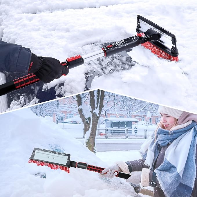 Car Snow Brush with Ice Scraper and Squeegee 3 in 1, 39" Extendable Cleaning Kit Long Handle, Windshield Snow Removal Tool Scratch Free for SUV Truck RV Window Roof Exterior Wash Supplies, Red