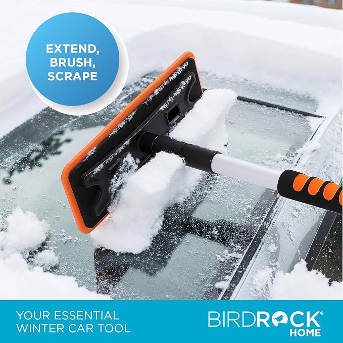 36" Extendable Snow Pusher Brush & Detachable Ice Scraper for Cars | Aluminum Grip for Car, Truck, SUV | Safe on Auto Windshield & Windows | Wide Frost Remover for Semi & Small Vehicles