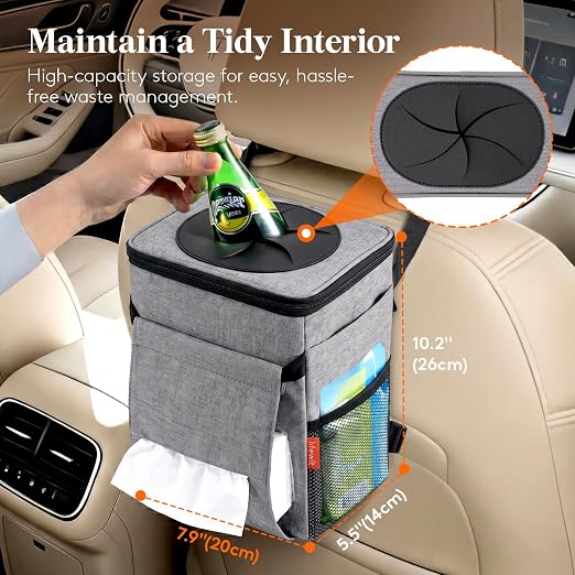 Car Trash Can with Lid and Tissue Holder, Leak-Proof Waterproof Automotive Garbage Cans, Car Accessory Interior, Trash Bin for the Back/Front/Console of Car, 2 Gallons, Grey