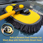 Car Wash Brush Mop with Long Handle, Car Wash Kit with 2 Chenille Mop Heads, 15° Curved Extension Pole Scratch-Free Microfiber Mitt Sponge Car Cleaning Supplies Accessories, Yellow/Black