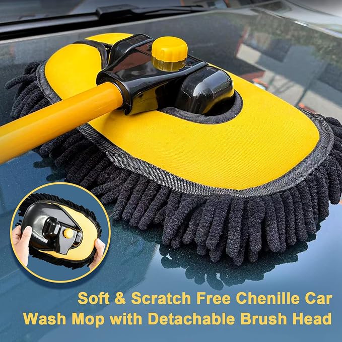 Car Wash Brush Mop with Long Handle, Car Wash Kit with 2 Chenille Mop Heads, 15° Curved Extension Pole Scratch-Free Microfiber Mitt Sponge Car Cleaning Supplies Accessories, Yellow/Black