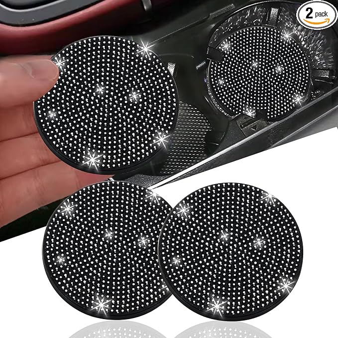 2pcs Bling Car Cup Holder Coaster, 2.75 inch Anti-Slip Shockproof Universal Fashion Car Coasters Insert Bling Crystal Rhinestone Automotive Interior Accessories for Women (2 pcs, Black)