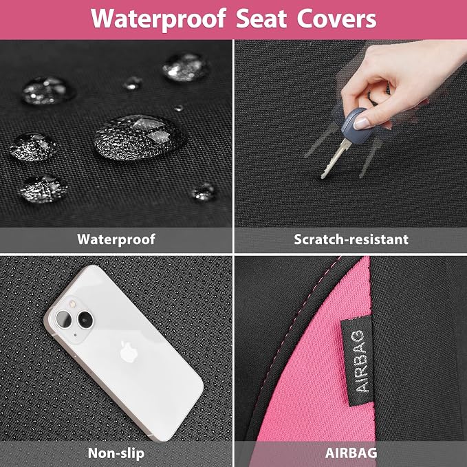 Waterproof Car Seat Covers Full Sets, Universal Fit Seat Covers for Cars, EVA Neoprene Seat Cover Set Full Sets, Interior Covers for Auto SUV,Vans,sedans, Trucks,(Black Pink)