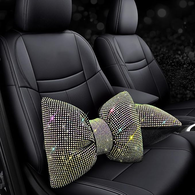 4 PCS Bling Car Pillows,Rhinestones Bowknot Car Headrest Pillow,Car Neck Pillow for Driver Relax Necksupport,Sleeping Travel Support Neck Pillow,Shiny Diamond Interior Accessories for Women,colorful