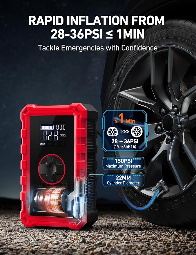S8 Air Jump Starter with Air Compressor,3000A Peak Car Battery Jump Starter Portable (9.0 Gas/6.5L Diesel) with 150PSI Cordless Auto-Shutoff Tire Inflator, 12V Battery Charger Booster(Red)