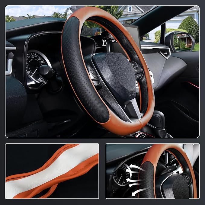 D Shaped Steering Wheel Cover for 14.5-15 inch Flat Bottom Wheels, Breathable Perforated Microfiber Leather, Anti-Slip Grip, Universal Fit for Cars & SUVs, Black and Orange