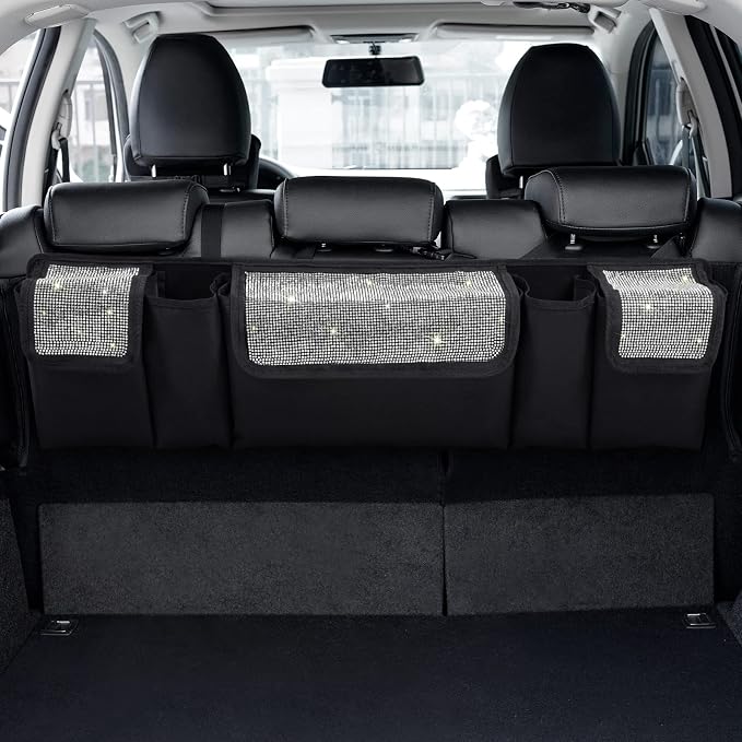 Car Trunk Organizer and Storage, Backseat Hanging Organizer for SUV, Truck, MPV, Waterproof, Collapsible Cargo Storage Bag with 5 Pockets, Bling Car Interior Accessories for Women,White