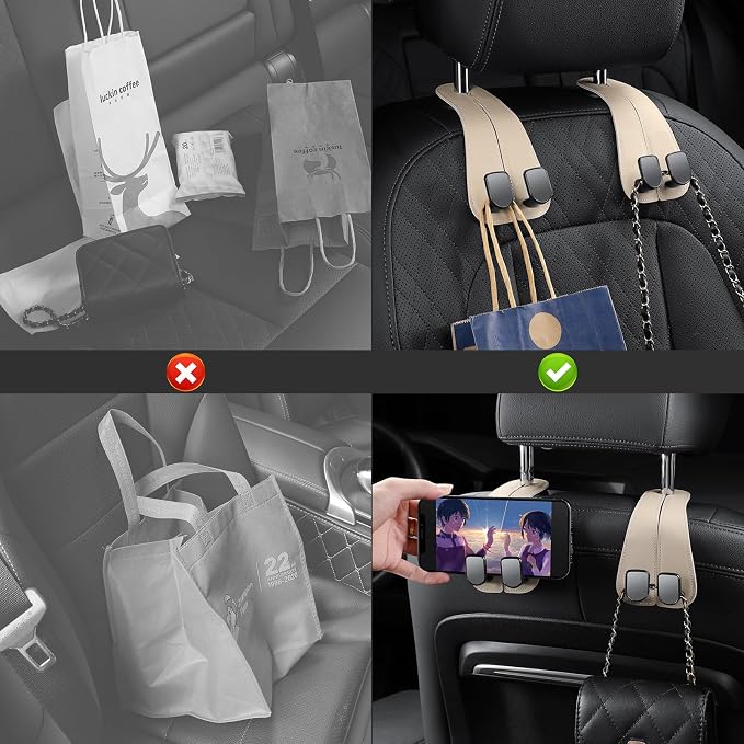 2 Pack Car Headrest Hooks for Purses and Bags Cute Leather Car Seat Back Head Rest Double Hooks for Bags Cute Pink Beige Car Accessories Headrest Back Seat Handbags Hook (Black 2 Pack)