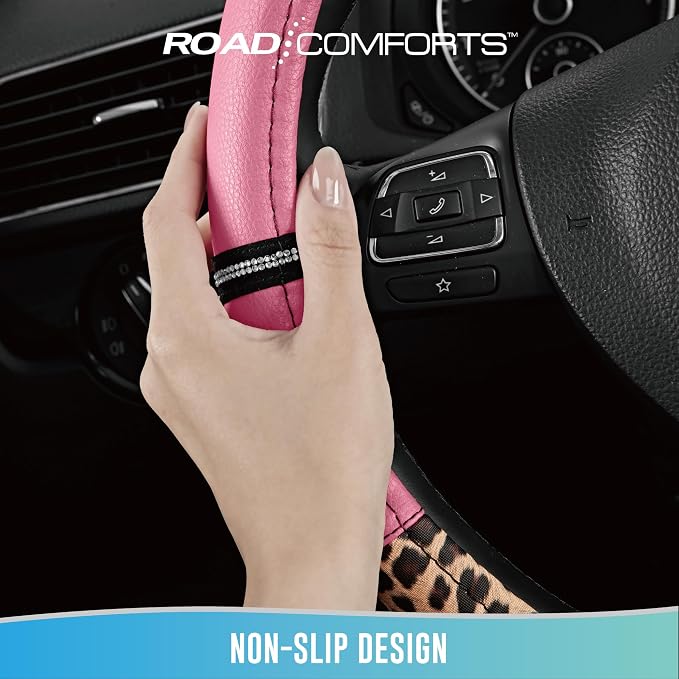 Leopard Steering Wheel Cover for Women, Cute Anti-Slip Microfiber Leather, Universal Fit 14.5-15 Inch Round Steering Wheel - Pink