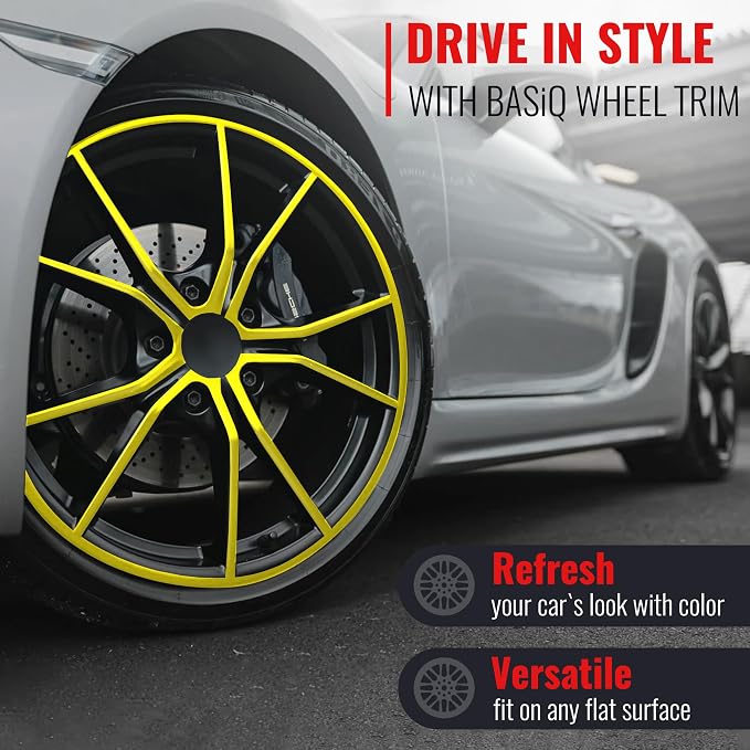 BASiQ Universal Styling Trim - 26 Feet, 6 Colors, Flat Design, Easy to Apply with Premium 3M Tape - Versatile Rim Styling and Color Accent for Cars, Trucks, SUVs - Yellow