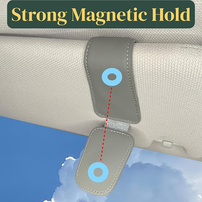 CHOSMOYI Magnetic Leather Sunglass Holder for Car, Sunglasses Clip for Car Visor, Auto Interior Accessories Universal for Different Size Eyeglasses (Grey)