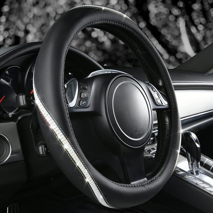 Bling Diamond Black Leather Steering Wheel Cover, Studded Crystal Rhinestones Universal Fit 14" 1/2-15" Glitter for Women Sparkle Girl Fit Suvs,Vans,Sedans,Car,Trucks, Multicolor Diamond