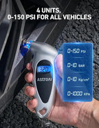Digital Tire Pressure Gauge 0-150PSI Calibrated to ANSI B40.7 +/-1PSI, Accurate in 0.1 Increments, 4 Pressure Measurements for Car Truck Bicycle with Backlight LCD, Silver