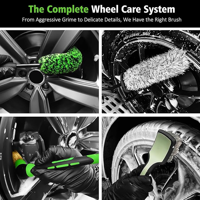 4PCS Car Wheel Cleaning Kit, 360° Bendable Wheel Brush with Premium Boar Hair Detailing Brush | Microfiber Scratch-Free Wheel and Tire Brush Kit for Cleaning Wheels,Tires
