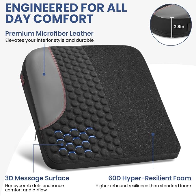 Car Seat Cushion for Driving, Driver Seat Pad with Honeycomb Message Dots - Ergonomic Auto Car Seat Pillow for Long Drives, Office Chair, Truck, Wheelchair - Coccyx & Lower Back Pain Relief - Black