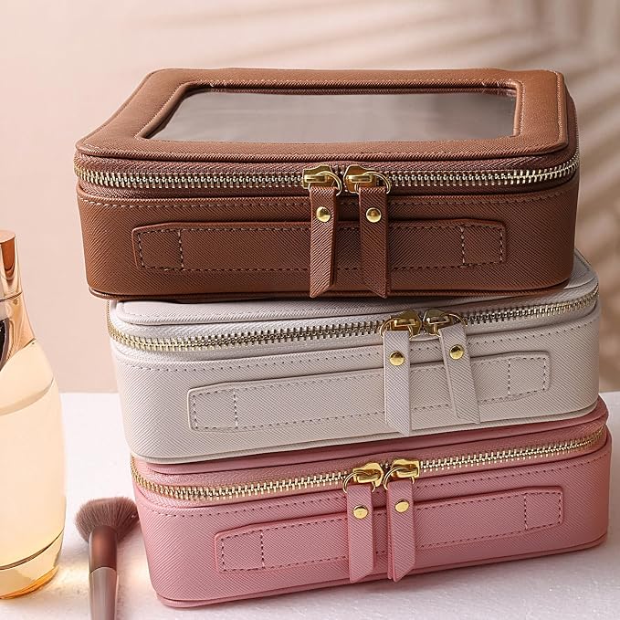 Toiletry bag waterproof cosmetic organizer with handle large opening for travelling car organizer (Brown)