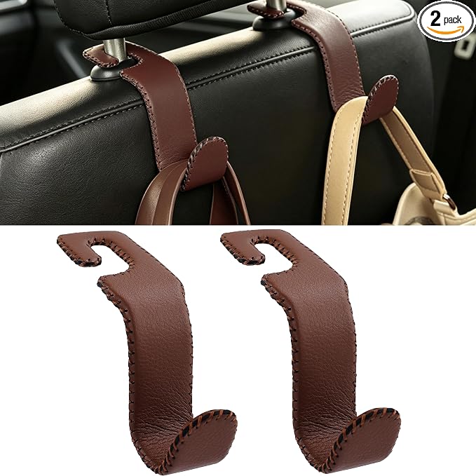 Car Seat Headrest Hook, Universal Vehicle Storage Hanger, Leather with Metal Car Seat Back Organizer for Handbag, Purse, Coat, Ergonomic Design, Brown 2 Pack