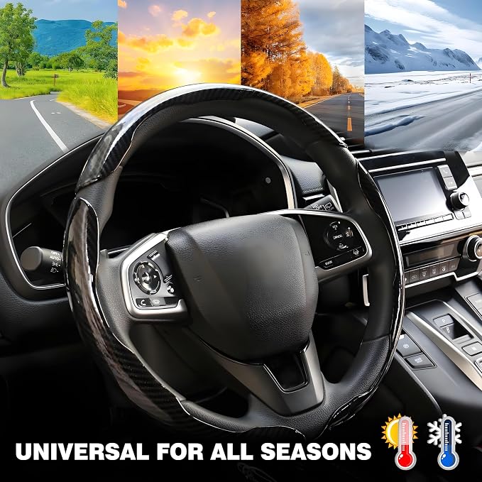 3PCS Carbon Fiber Steering Wheel Cover-Segmented Clip-On Design Anti-Slip & Scratch Resistant Universal Fit 14.5"-16" for Cars/Truck/SUV Great Gift for Men & Women
