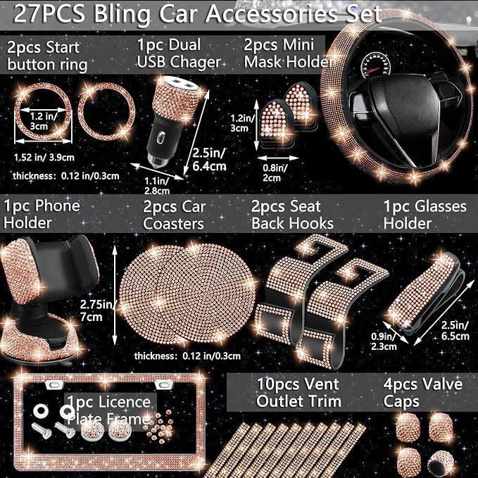 27 PCs Gold Champagne Bling Car Accessories Set for Women, Steering Wheel Covers Universal Fit 15 Inch, Bling License Plate Frame, Bling Phone Holder, Bling Car Coasters