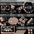27 PCs Gold Champagne Bling Car Accessories Set for Women, Steering Wheel Covers Universal Fit 15 Inch, Bling License Plate Frame, Bling Phone Holder, Bling Car Coasters