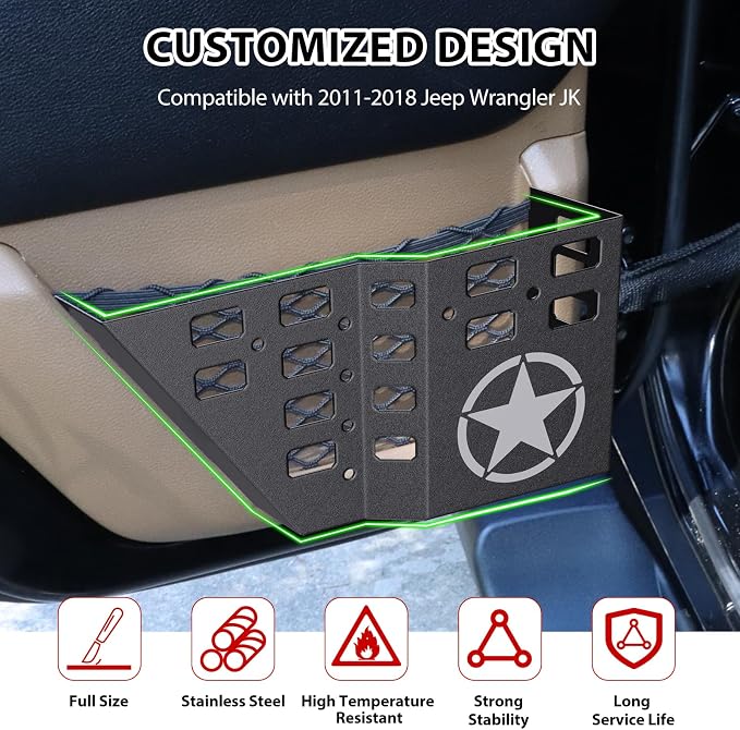Metal JK Rear Door Storage Pockets for Jeep Wrangler JK JKU 2007-2018, Sturdy Door Organizer Box Pockets Insert Accessories for Replace Sagging Nets -2 PCS