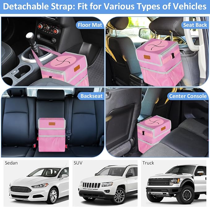 Car Trash Can for SUVs, Trucks, Vans - Pink, 2 Gallons Capacity, Leak-Proof Liner, Utility Clasps, Cute Design
