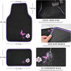 Universal Butterfly Car Seat Covers Front Set, Embroidered Flower Waterproof Car Floor Mats Carpet, Butterflies Steering Wheel Cover for Car Accessories Interior Sets (Black and Purple)