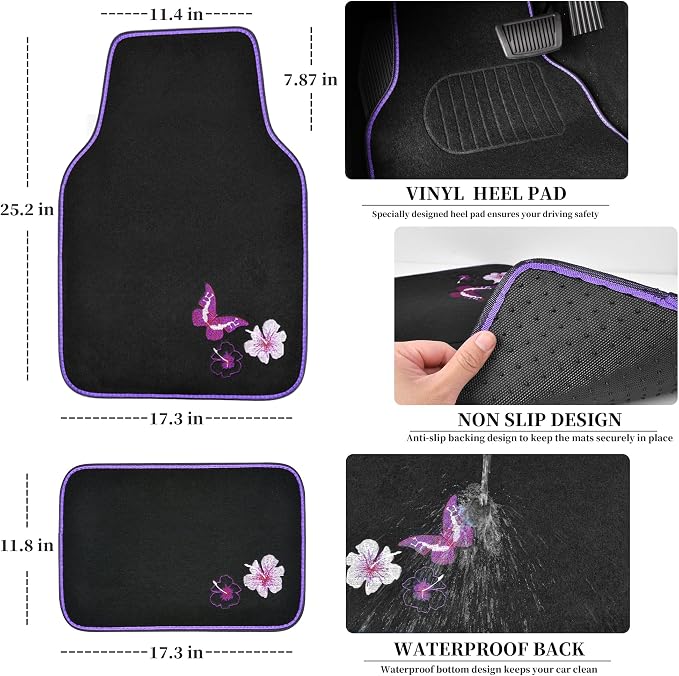 Universal Cloth Butterfly Car Seat Covers Full Set, Embroidered Flower Waterproof Car Floor Mats Carpet, Butterflies Steering Wheel Cover for Car Accessories Interior Sets (Black and Purple)