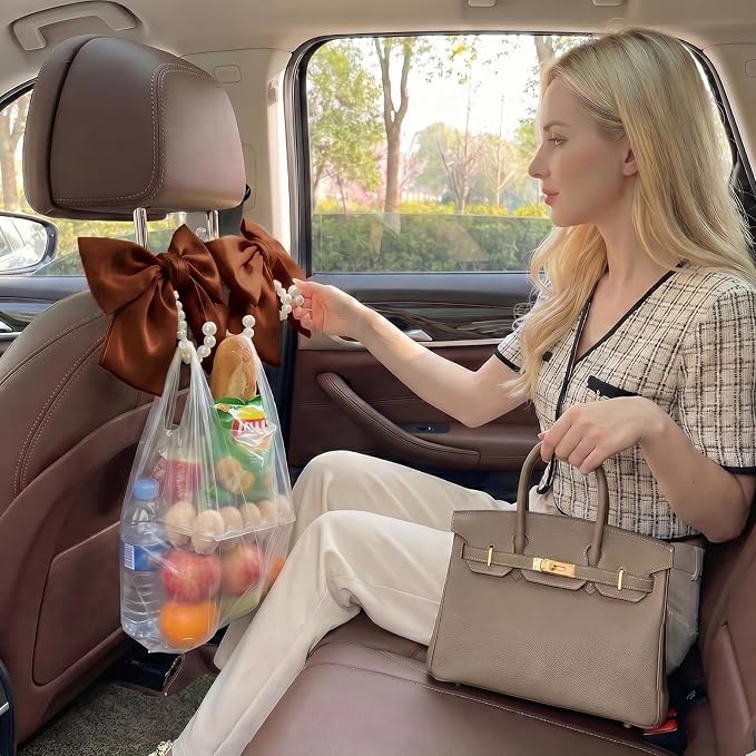 2PCS Satin Bow Pearl Car Seat Headrest Hooks – Car Bag Holder & Vehicle Hanger for Purses – Cute Coquette Aesthetic Interior Decoration – Cute Auto Organizer Accessories Universal (Woody Brown)