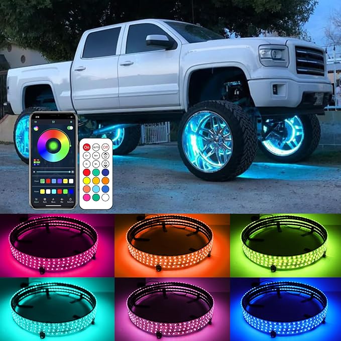 4PCS 15.5inch RGB LED Wheel Rim Lights with Bluetooth and Remote Control,Wheel Ring Light Kits with Turn Signal and Braking Function Tire Lights for Pickup Truck SUV Car (15.5inch)