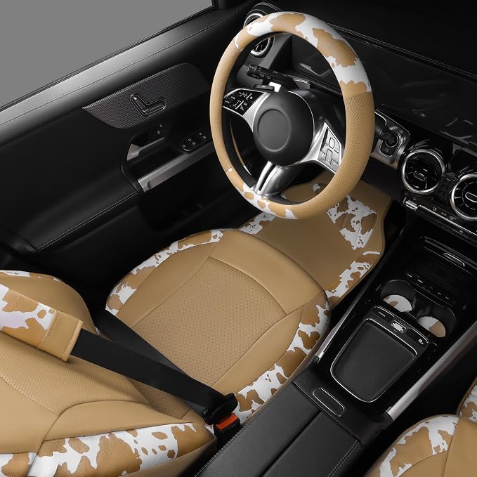 Cow Print Faux Leather Car Seat Covers & Cow Car Mats & Cow Steering Wheel Cover Seat Belt Pads Universal fit for SUV,Van,Saden,Truck Cute Car Accessories Automobile Interior Sets All Beige