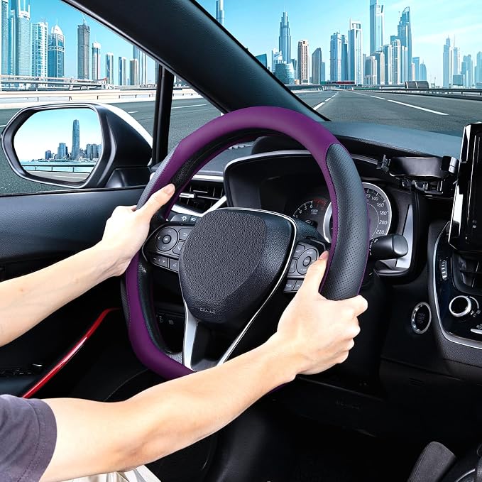 D Shaped Steering Wheel Cover for 14.5-15 inch Flat Bottom Wheels, Breathable Perforated Microfiber Leather, Anti-Slip Grip, Universal Fit for Cars & SUVs, Black and Dawn Purple