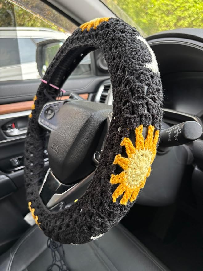 Handmade Crochet Sun Moon Car Steering Wheel Covers Universal 14-15 inch,Cute Steering Wheel Cover,Car Accessories (Black Steering Wheel Cover)