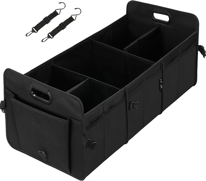 Multi Compartments Collapsible Car Trunk Organizer, 600D Waterproof Oxford Polyester 50L Car Storage with Adjustable Strap & Anti-slip Bottom, for SUV, Truck, Black New