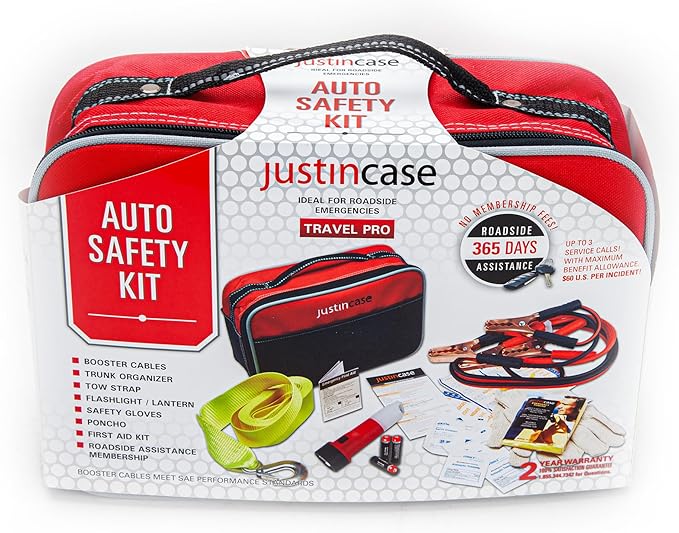 Travel Pro Emergency Roadside Kit - Compact Car Safety Set with Jumper Cables, Tow Strap, Flashlight, Gloves, First Aid Kit & 1-Year Free Roadside Assistance